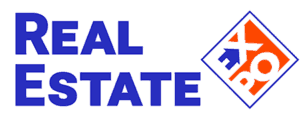 real estate expo logo. White background, Real Estate in blue text, expo in white text with red, and blue background.